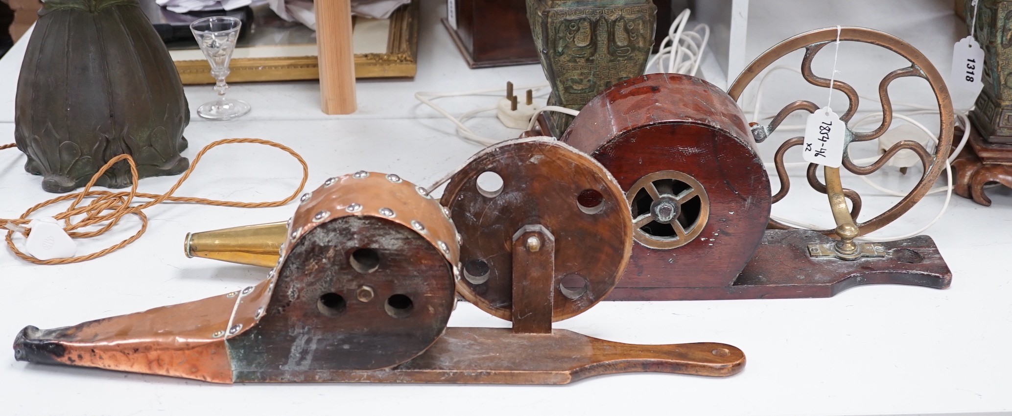 Two 19th century brass mechanical wheel bellows, length 70cm